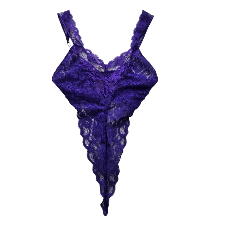 Vintage 90s Victorias Secret Gold Label Violet Teddy Thong Lingerie Sheer Lace S